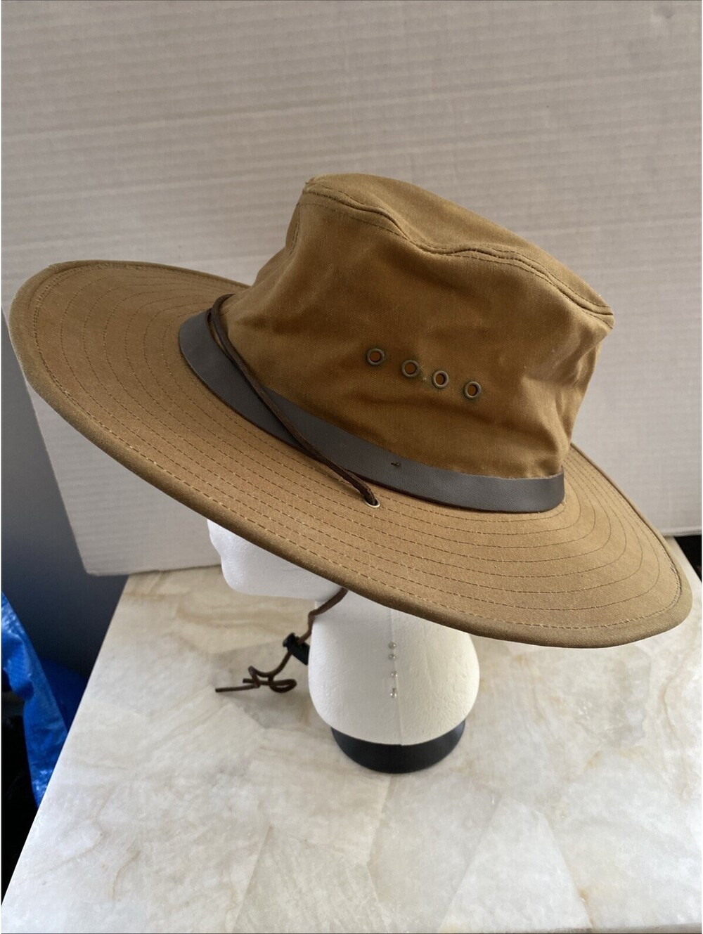 Vintage Filson Tin Cloth Bush Hat M Dark Tan Leather Strap Wide Brim 90s 00s